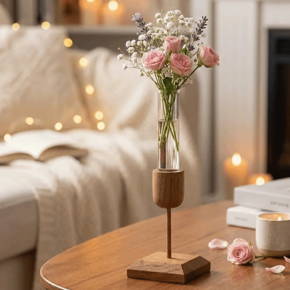 Minimalist Rustic Wooden Test Tube Vase Clear Glass Hydroponic Planter Desktop Flower Propagation Station for Home Decor
