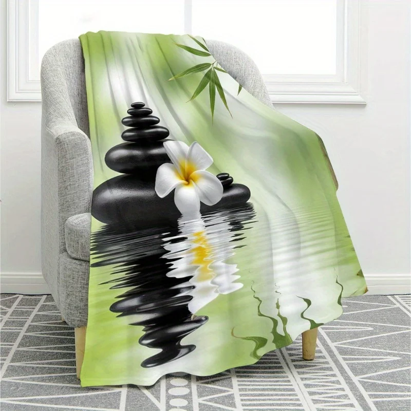 Green Spa Zen Black Massage Stone Plumeria Bamboo Water Reflection Warm Flannel Blanket, Relax Print for Sofa Bedroom Yoga Cozy