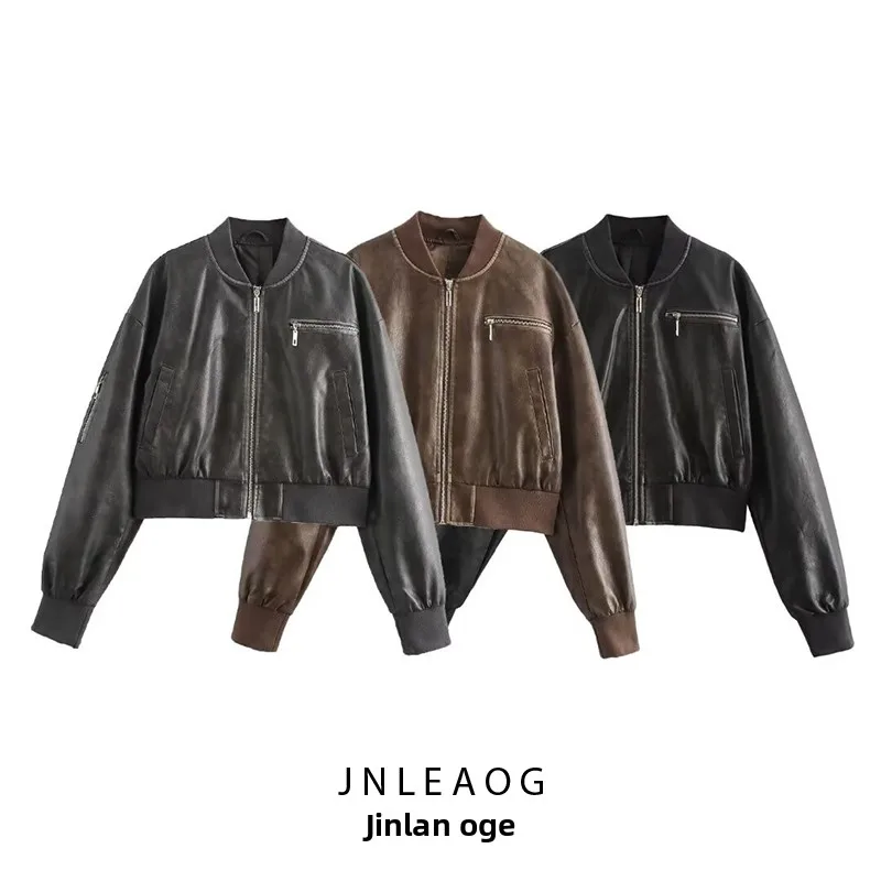 JNLEAOG Damen Faion Waed PU-Leder Jaet Herbst New Sle Tead Design Loose Fit Long Sve Reißverschluss Reine Farbe