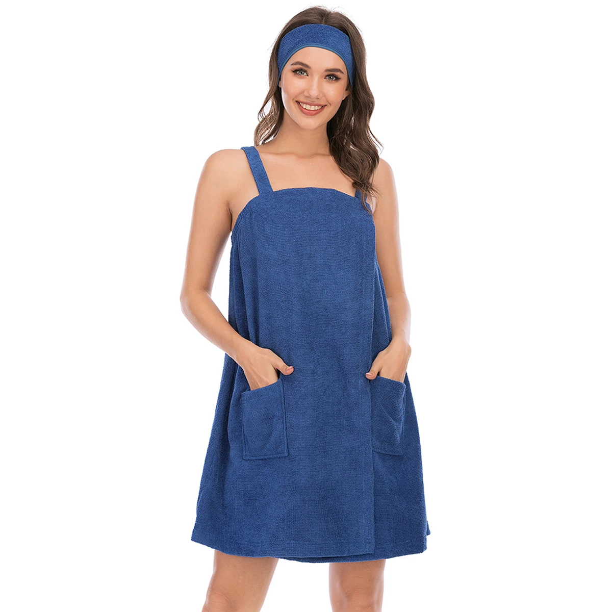 Aamikat Nightgown Women Bath Wrap Towel for Shower with Pocket Adjustable Robe & Facial Headband S-XXL