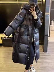 Black Gold Long Down Jacket Winter Hooded Loose Plus Size Fashion Y2k Casual Long Bright Thickened White Duck Puffer Coat Women