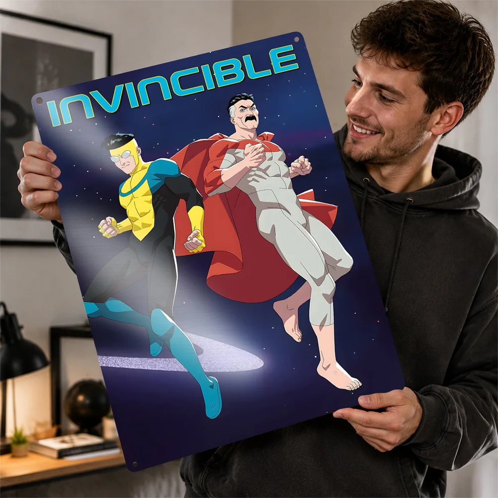 Invincible Heroes In Space Printed Poster Personalized Aluminum Metal Sign Cosmic Screen Style Wall Art Enhances Cinema Lounge