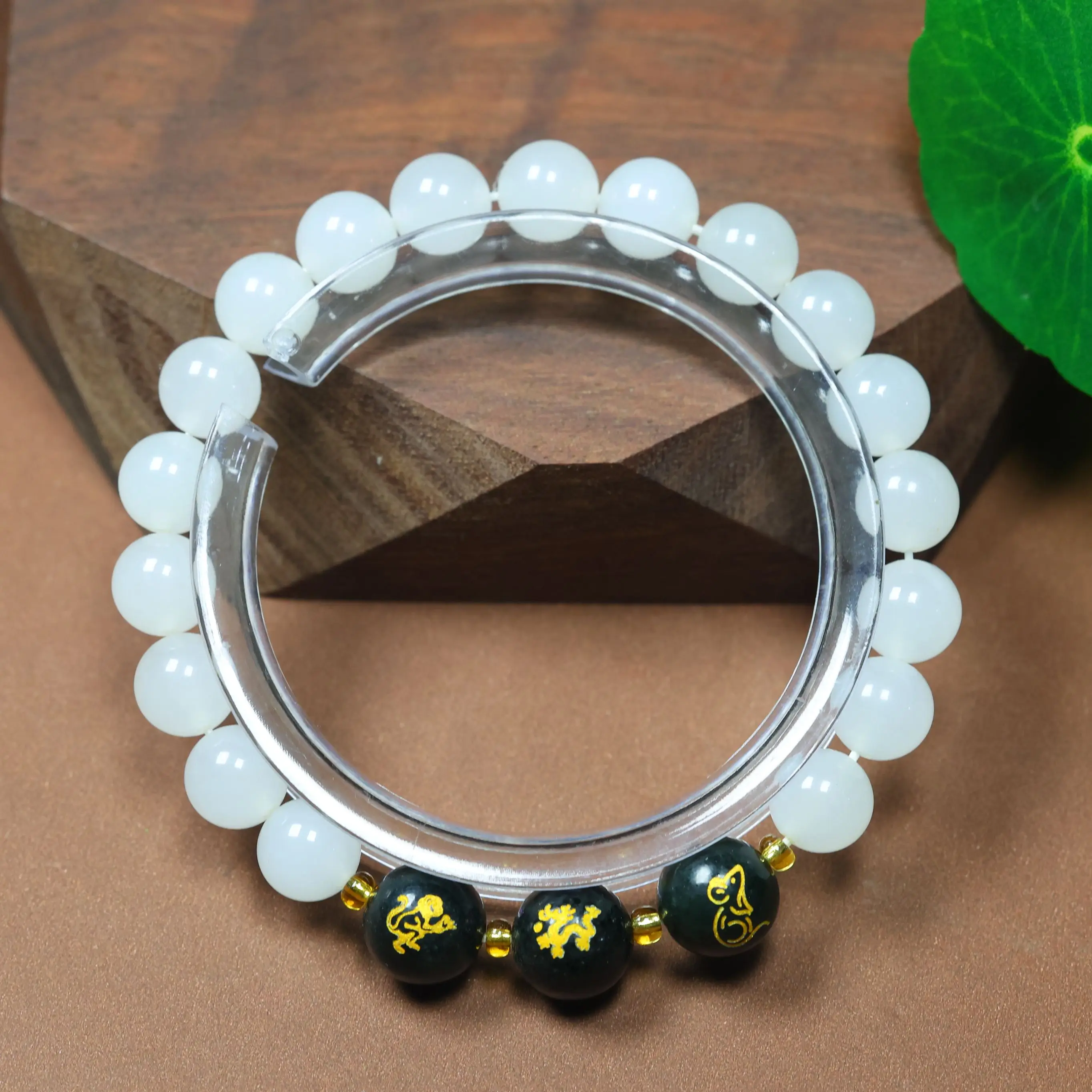 Jade Round Bead Bracelet Handmade Elastic Bracelet with Black Zodiac Sign Inlaid Beads Gemstone Beaded Wrist Jewelry Amulet Gift