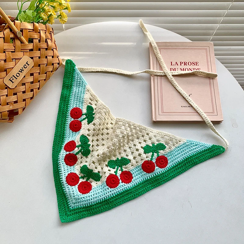 Ladies' Head Scarf Japanese Triangle Scarf High-quality Knitting Hair Accessories Pastoral Style Kawaii Cherry Sweet Headwear