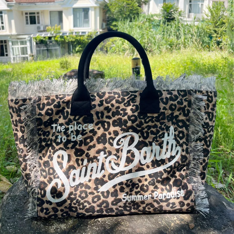 Women Large Leopard Canvas Handbag 2025 Trend Tassel Street Plush Casual Tote Shopping Bags Embroidered Letter Straw Beach Bag