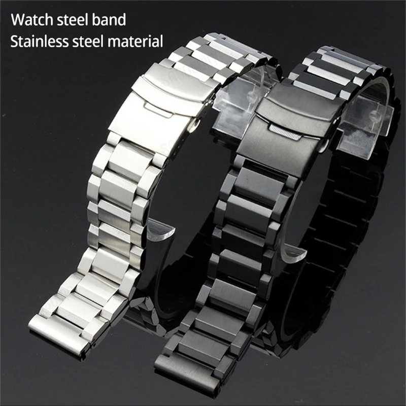 【SACOSDING】Trapezoidal Three Bead Stainless Steel Watch With Watch Accessories Steel Watch Chain Lassa Safety Fasteners 20/22mm