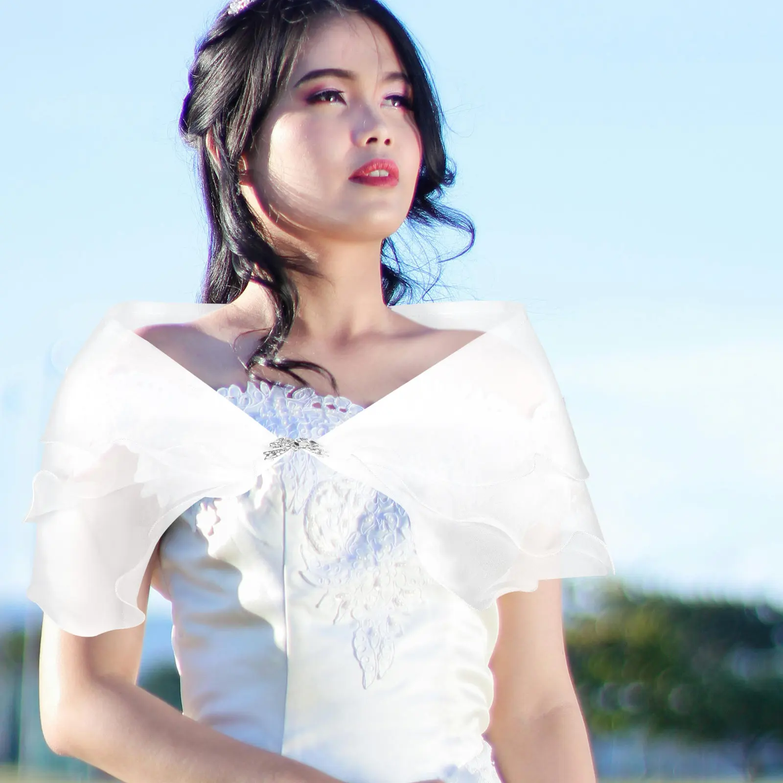 Bridal Wedding Shawl Three-Layer Bubble Gauze Elegant Bowknot Rolled Edge Bridal Cape for Wedding Dress Formal Evening Wraps