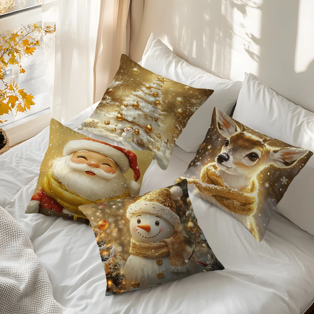 

Golden Christmas Theme Pillowcase Printed Polyester 45x45cm Throw Pillowcover Decorative Sofa Cushion Pillowslip Home Decor