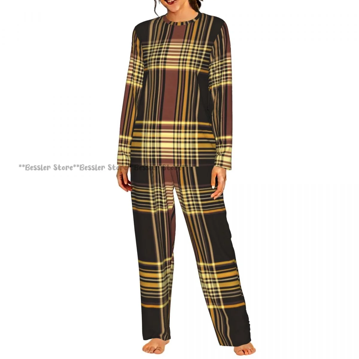 2 Piece Women Round Neck Pajamas Set Long Sleeve Long Pants Tartan Geometric Plaid Homewear Casual Daily Sleepwear