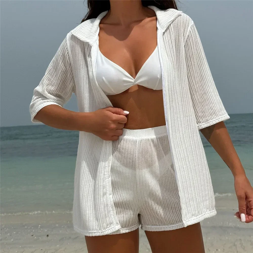 White Mesh Shirts Shorts Swimwear 4 Piece Bikinis Set Beachwear Sexy Swimsuit Women Bathing Suit Triangle Bikini 2024 Mujer