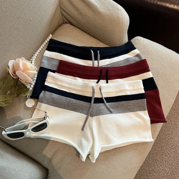 Women's Summer Low Waist Drawstring Waist Slim Knitted Shorts Lady Streetwear Color Contrasted Short Pants