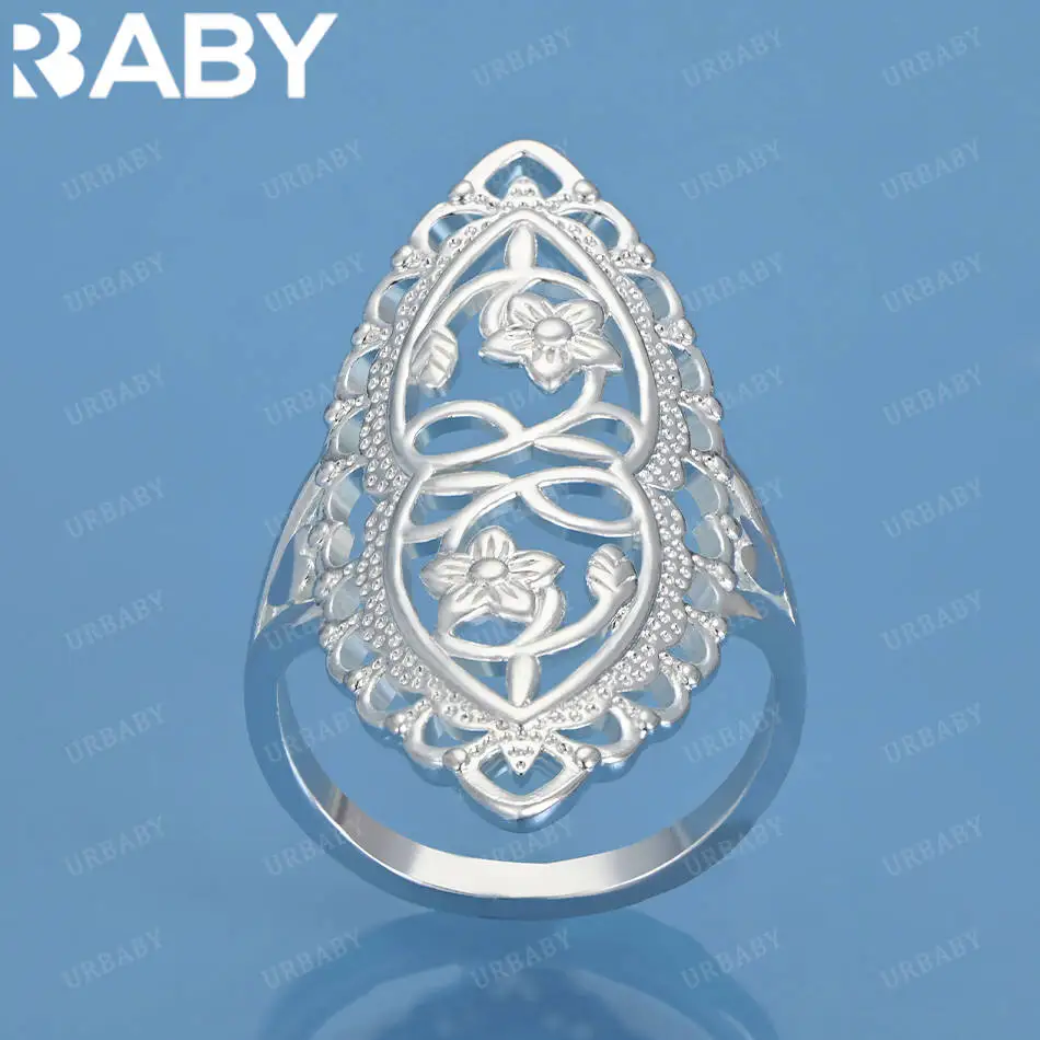 

URBABY 925 Sterling Silver Size 7-10 Retro Hollow Pattern Ring For Women Fashion Jewelry Charm Grace Wedding Engagement