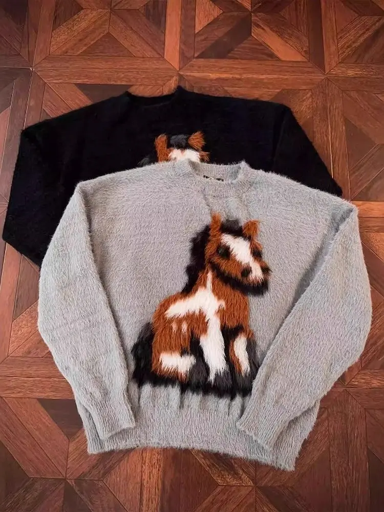 

Cartoon Knitted Sweater Loose round Ne Pullover American Lazy Sle Autumn Winter Men Women Camere Knitwear