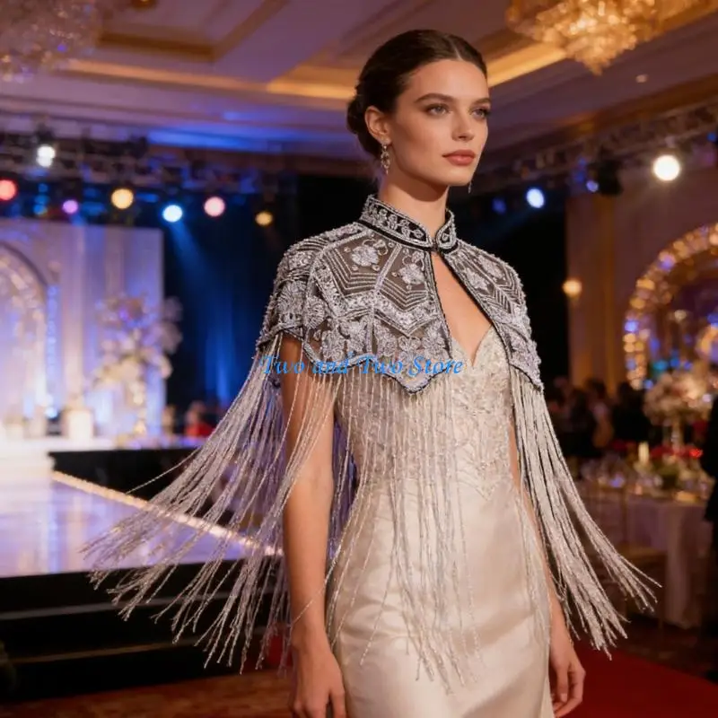 HX6F Glittering Shoulder Cover Embroidery Flower Tassels Shawl Wrap For Prom Night And Galas Evening Gowns Party Accessory