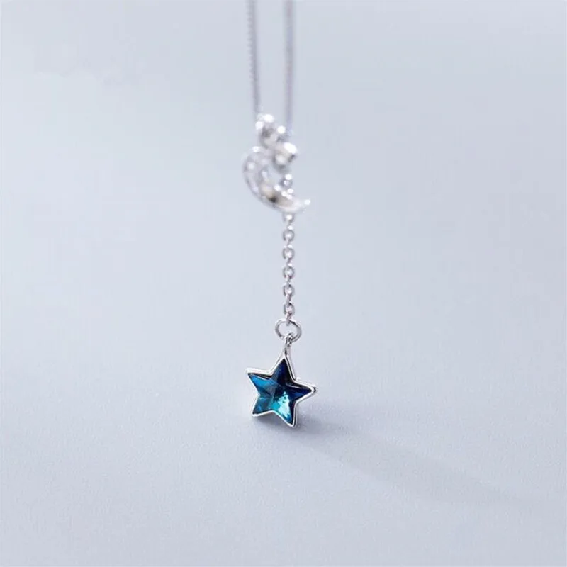 New Arrival Fresh Blue Crystal Star Temperament 925 Sterling Silver Jewelry Full Crystal Curved Moon Exquisite Necklaces  XL245