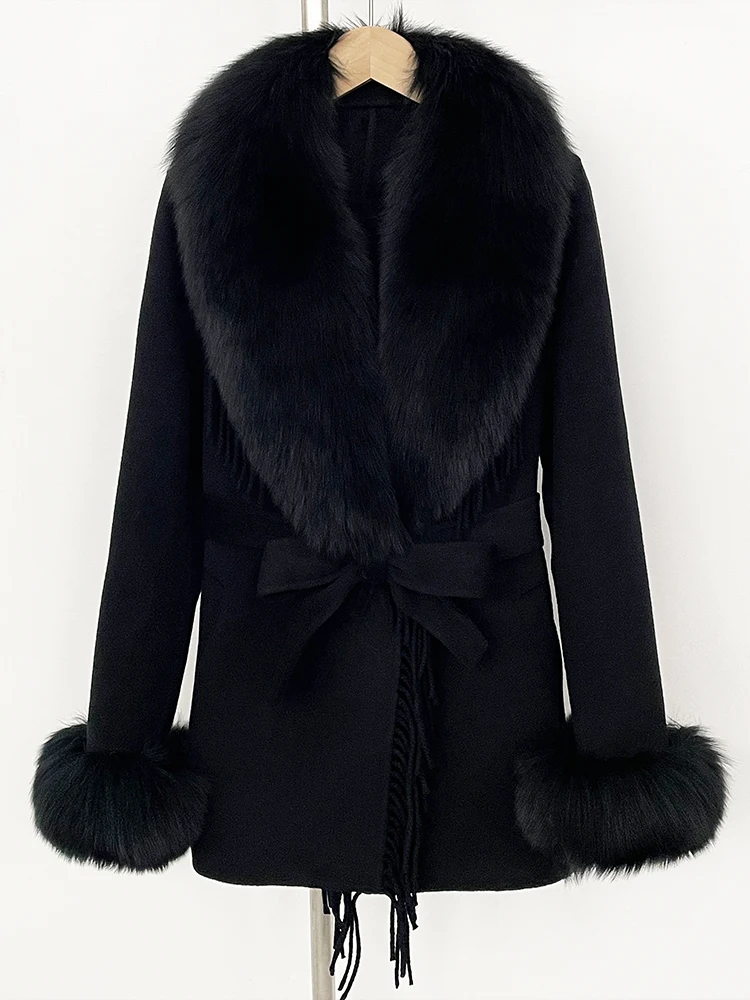 Giacca di lana di pelliccia naturale moda donna Cappotto corto di lana di vera pelliccia di volpe Nuovi vestiti autunno inverno Cappotto con nappa femminile