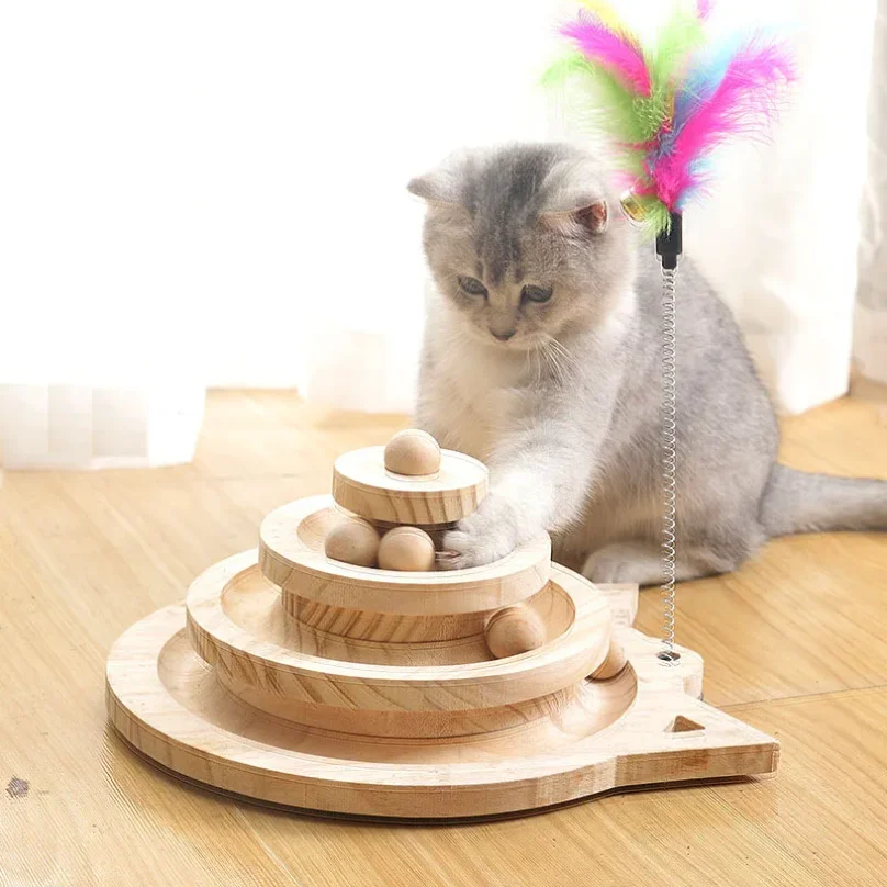 

Wooden 2/3 Levels Pet cat Toy Tower Tracks Disc cat Intelligence Amusement Triple Play Disc Cat toys ball Training Toys