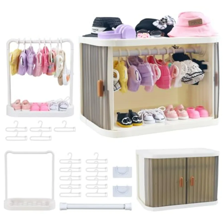 Foldable Doll Wardrobe Closet Storage Box Compatible with Labubu Clothes with 15 Hangers and Rod - Stackable Organizer Cabinet