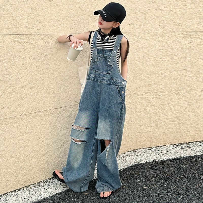 

Kids Luxury Clothing Bib Jeans Pants Jumpsuit for Teen Girl Fashion Denim Suspender Overalls Child Stylish Dungarees With Holes