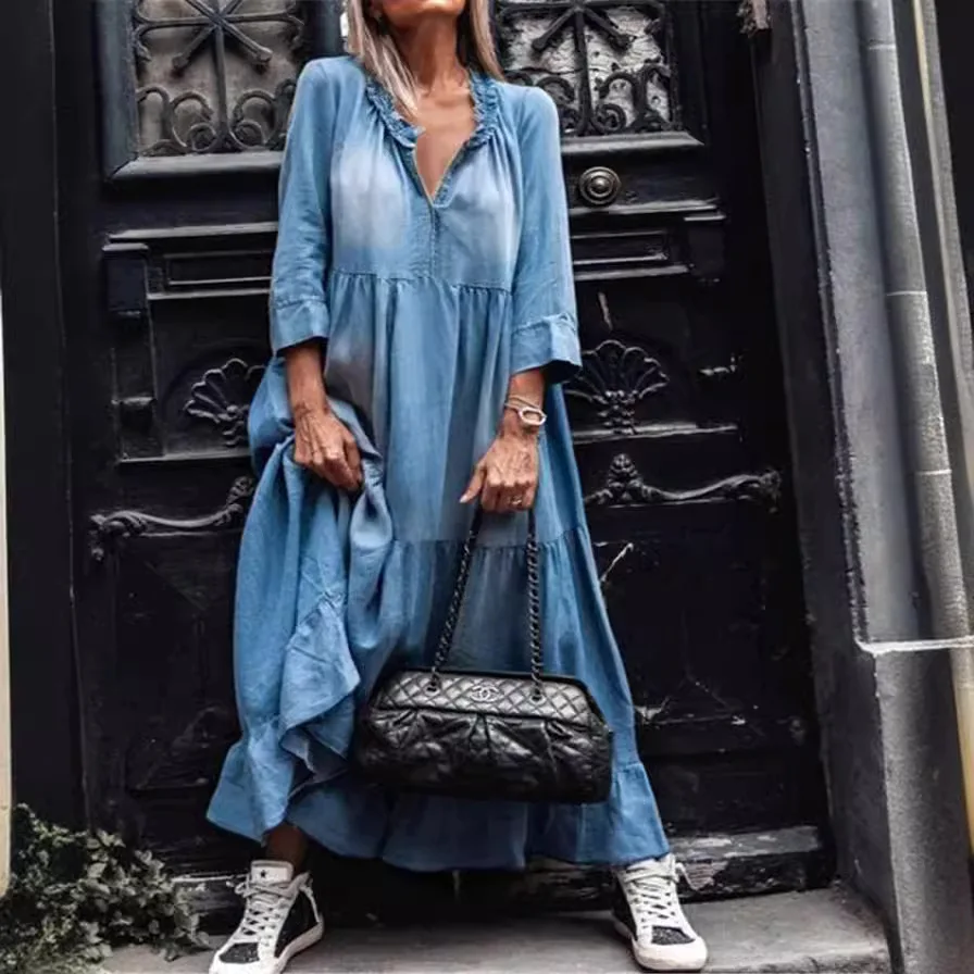 

Women's Casual Loose Dresses Spring Autumn Washed Denim Long Dress Vestidos Femenino Ropa Para Mujer