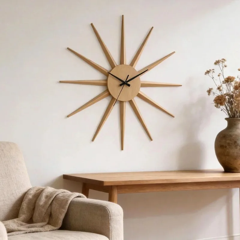 

Silent Modern Wood Sun Wall Clock Elegant Minimalist Luxury Aesthetic Interior Wall Watches Living Room Decorative Clocks Home
