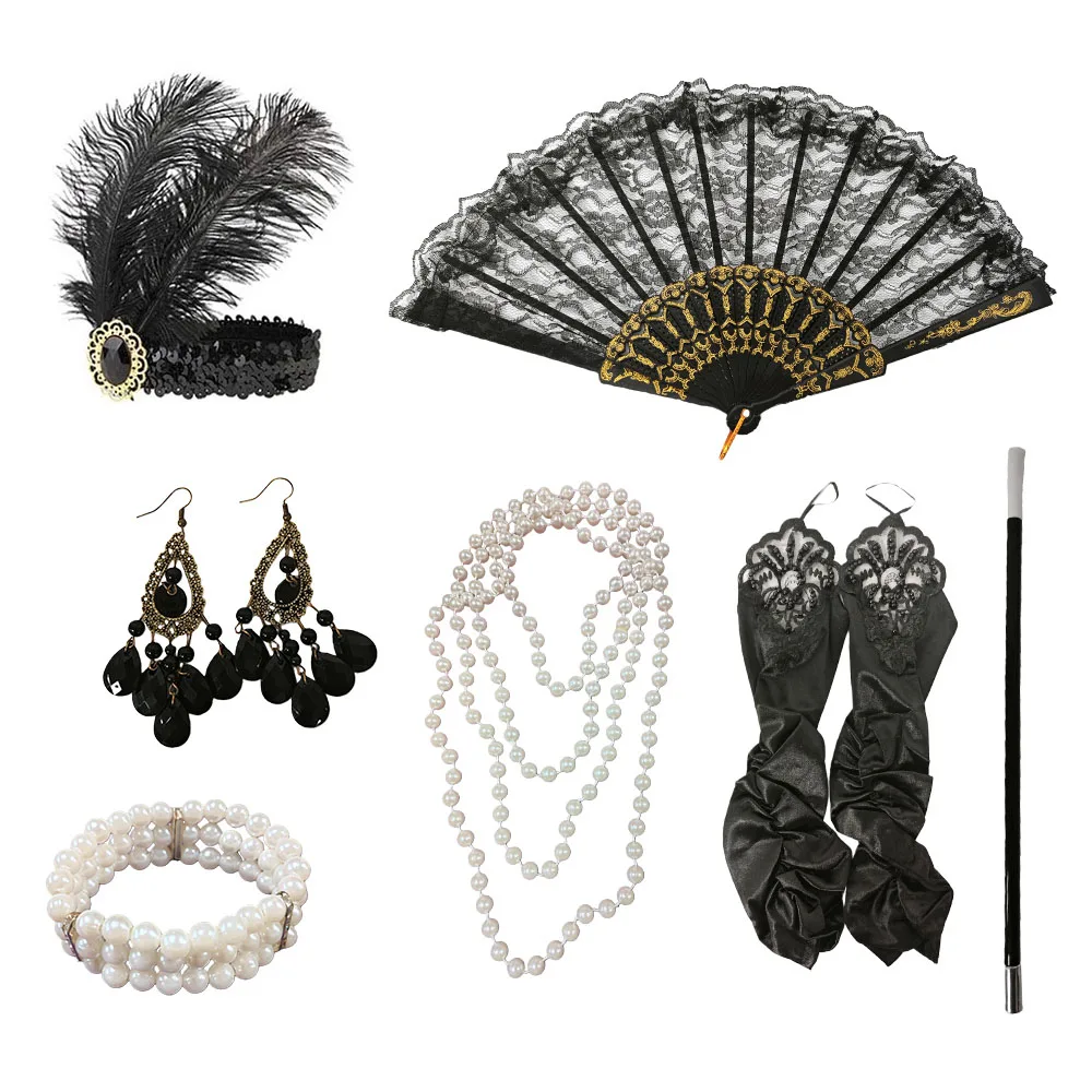 7 Piece Set Roaring 20s Flapper Costume Accessories Complete, Masquerade Dress Accessories, Vintage Hepburn Style