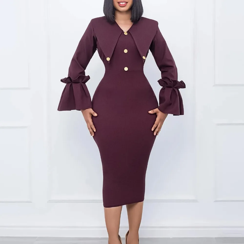 Women's Long Sleeve Tight Pencil Dress, Elegant OL, Monochromatic, Spring and Summer Fashion, 2024