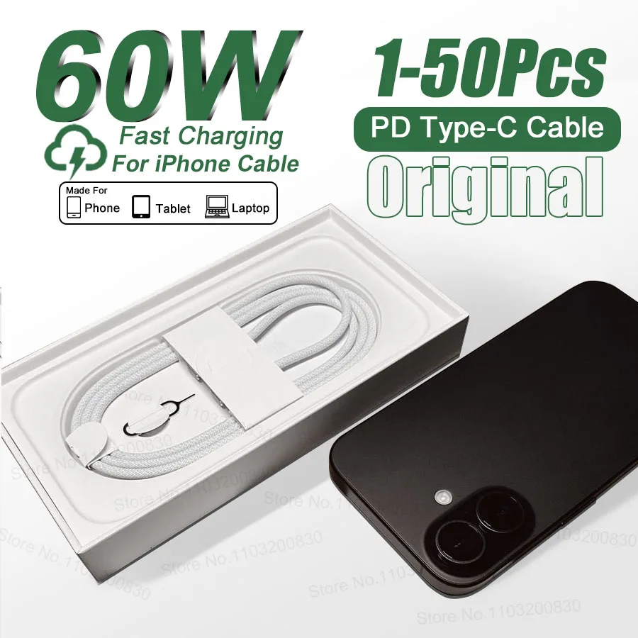 1-50 قطعة 60 واط نوع C الأصلي النسيج كابل ل أبل آيفون 14 13 12 11 15 16 17 برو ماكس 17 الهواء USB C شحن سريع كابلات الهاتف