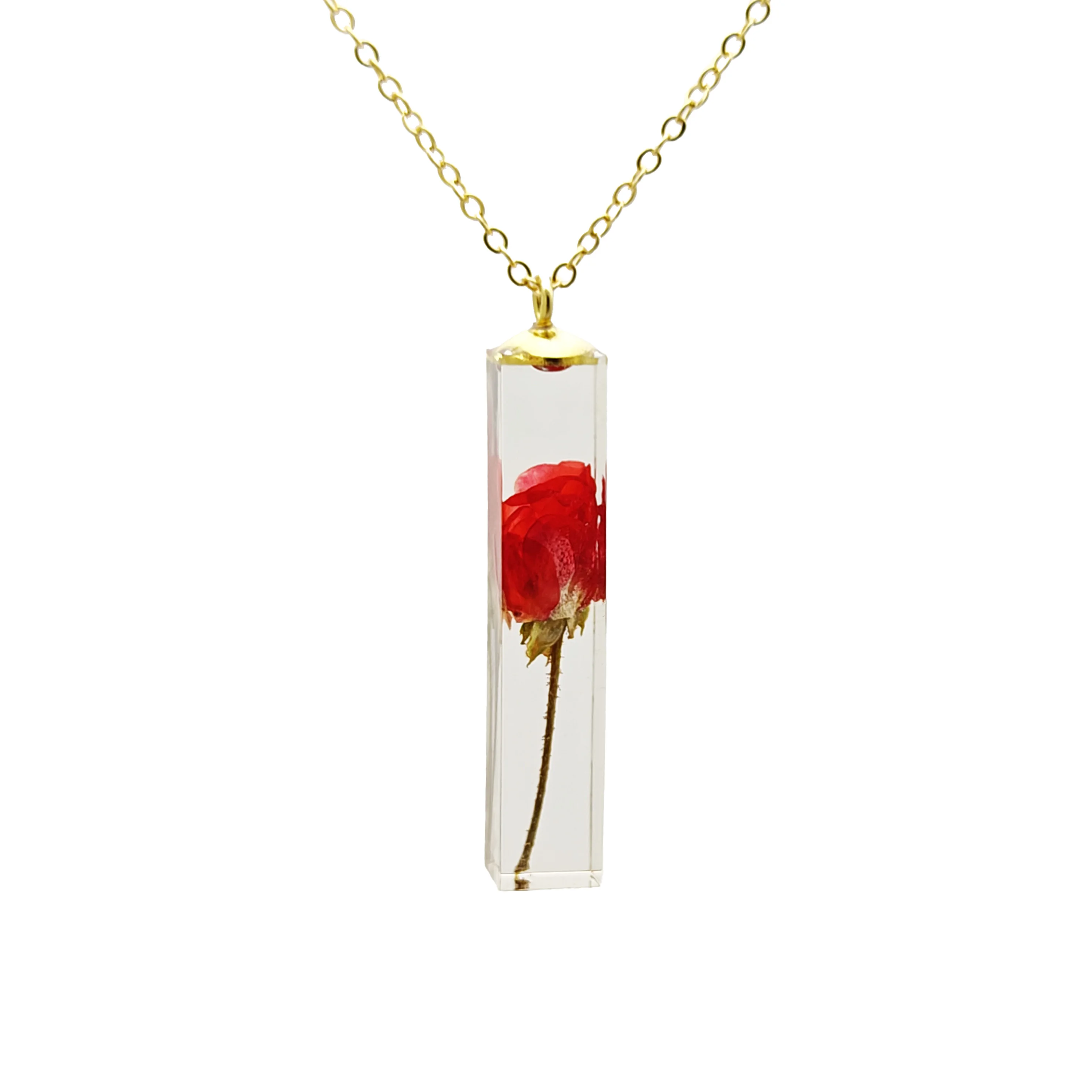 

Red Rose Transparent Cube Resin Gold Color Pendant Chain Long Necklace Women Boho Fashion Jewelry Bohemian Vintage Love Handmade