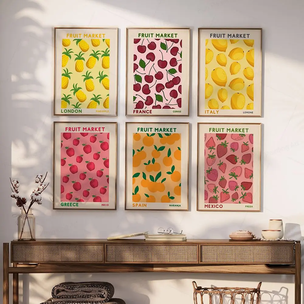 Fruit Market Cherry Lemon Apple Strawberry Pineapple Orange Painting Fruit Posters Prints Canvas Wall Art Pictures Kitchen Decor