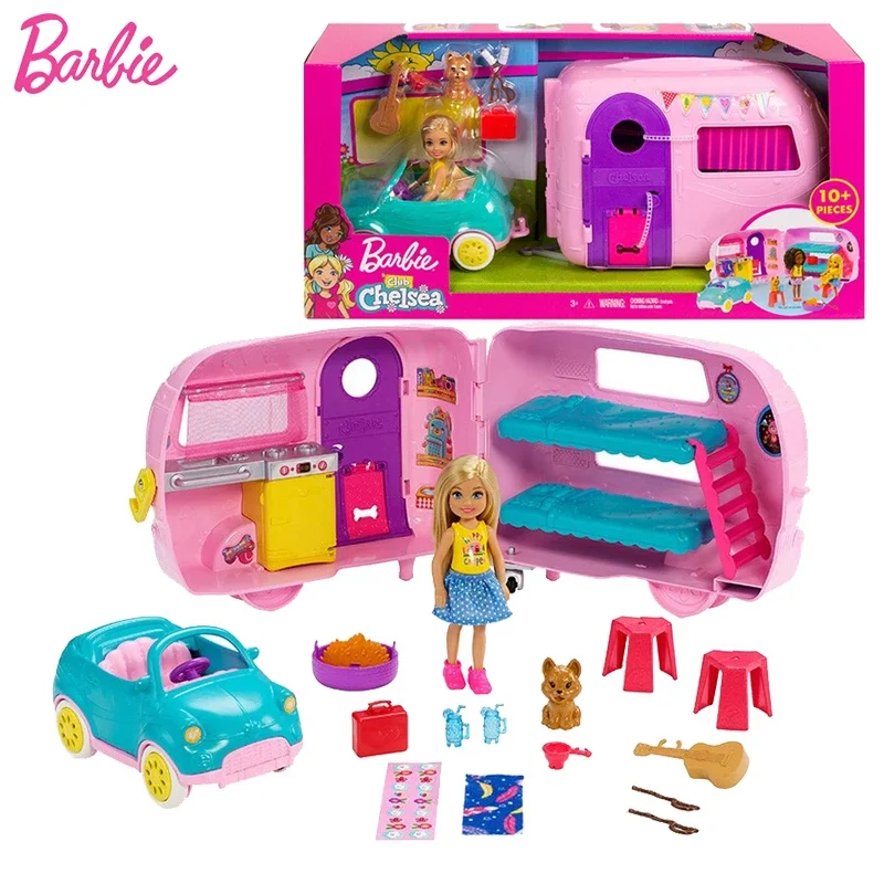 

Genuine Barbie Club Camping Car Chelsea Series Playset with Doll Puppy Car House Transforming Toys for Girls Kid Brinquedos Gift