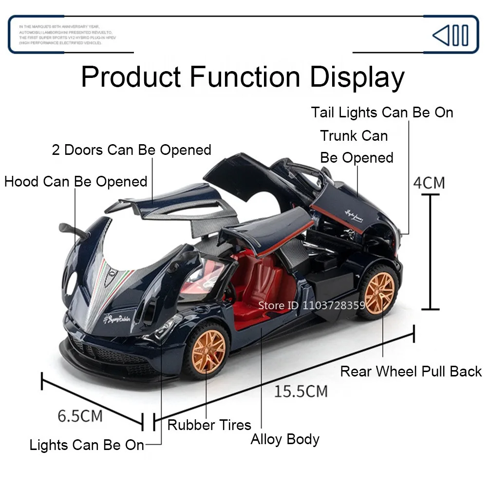 1:32 Supercar Pagani Huayra BC Supercar Toy Models Alloy Diecast Sound Light Doors Opened Pull Back Sports Car Toys for Kids