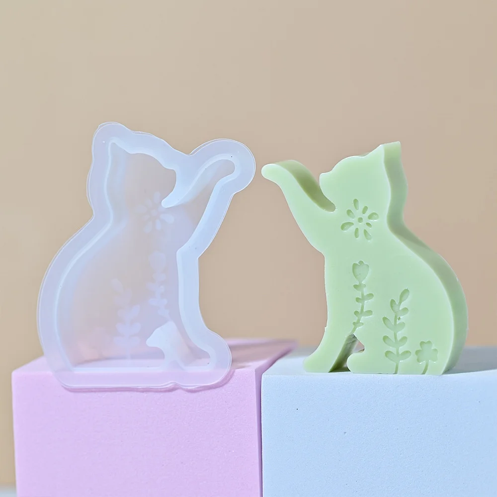 Easter Rabbit Silicone Mold Hollow Flower Printed Cat Bunny Candle Silicone Mould Resin Gypsum Molds DIY Craft Home Decor