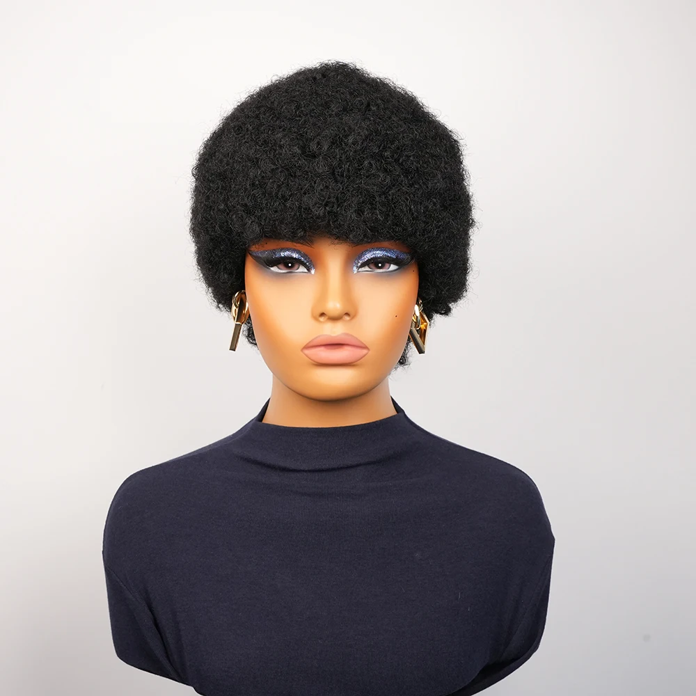 Peruki z ludzkich włosów afro, puszyste, kręcone, peruki z ludzkich włosów dla kobiet, peruka afro pixie cut, peruki wykonane maszynowo, peruki brazylijskie z ludzkich włosów.