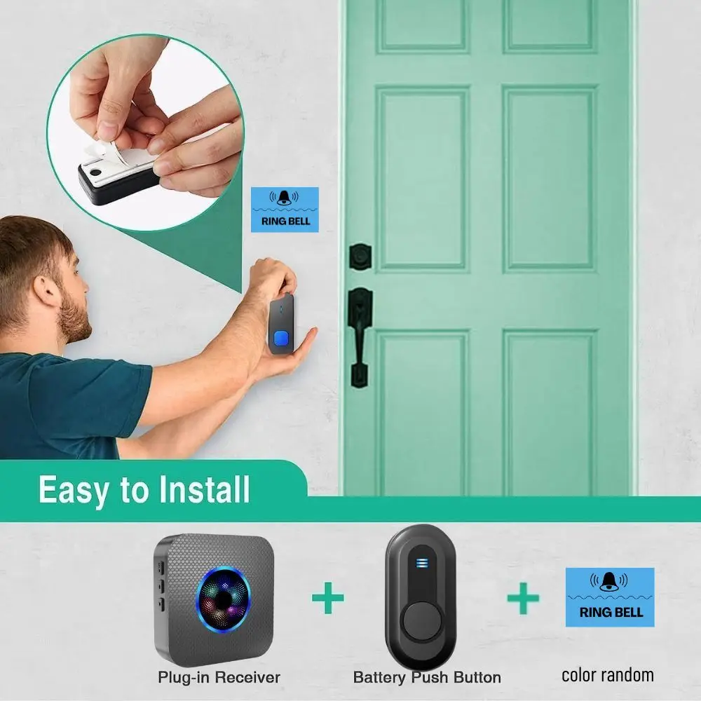 Wireless Doorbell 1300ft Door Bell Kit Remote Button 55 Chimes 5 Volume with 5 Volume with LED Loud Enough for Home Classroom