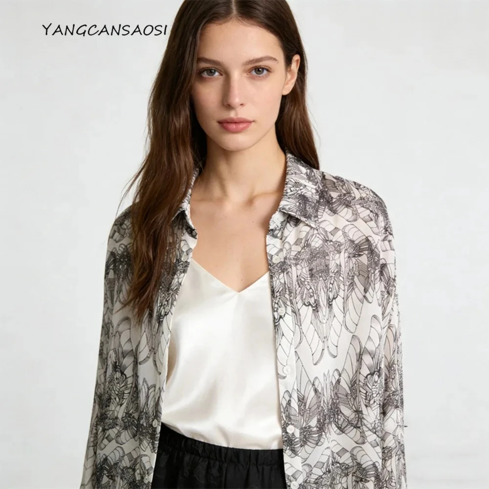 Blusa Delgada de Georgette de Seda de Morera 100% Natural, Camisa Casual Holgada de Manga Larga con Solapa Semitransparente para Mujer, Ropa Protectora Solar