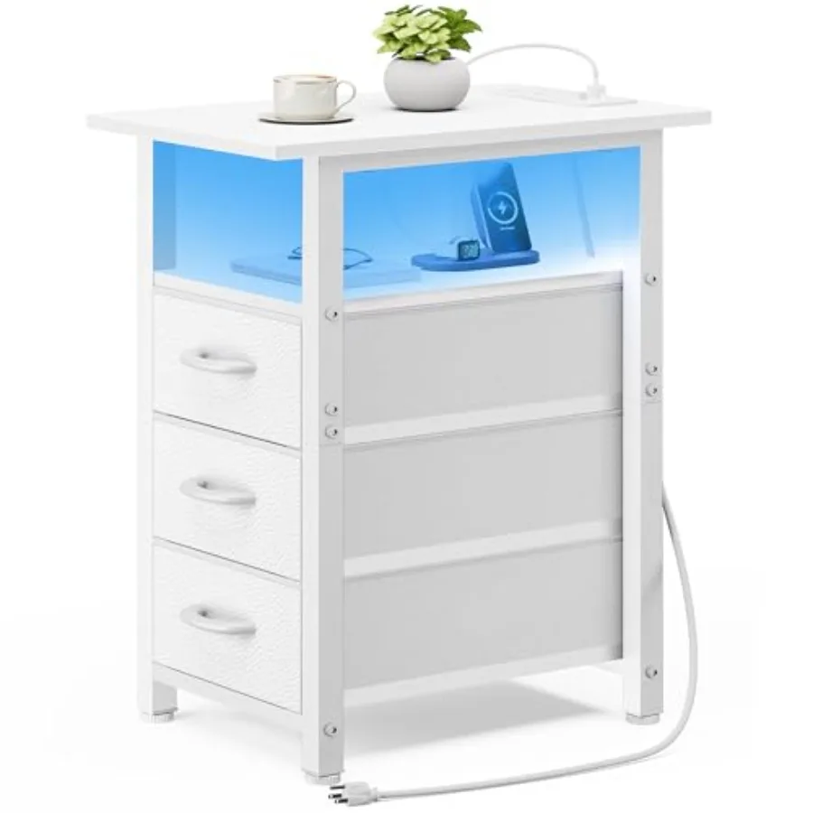 

Nightstand with Charging Station and LED Lights, Narrow End Table, LED Nightstand with 3 Fabric Drawers for Bedroom, Small Beds