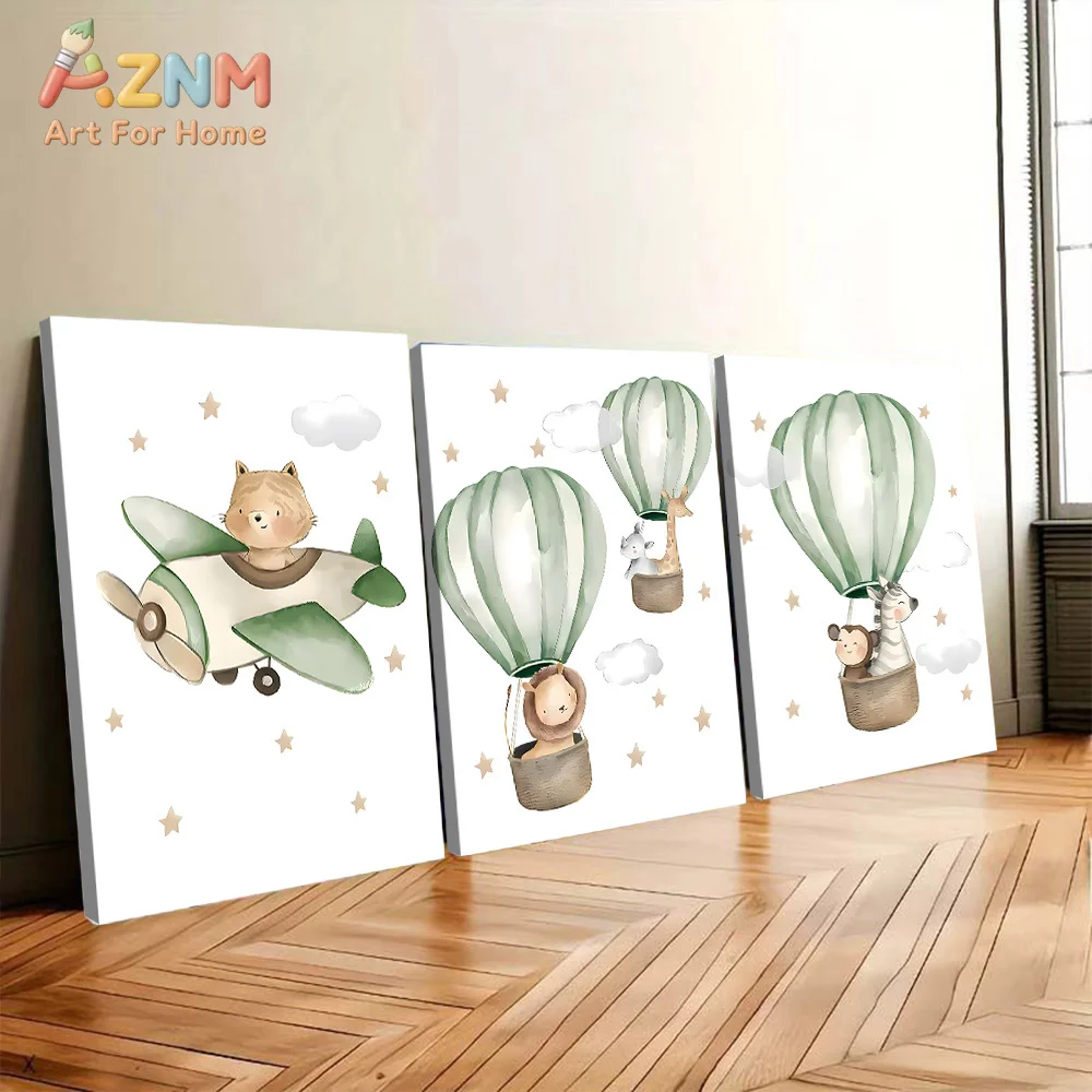 AZNM Watercolor Hot Air Balloon Airplane Animal Canvas Wall Art Lion Giraffe Zebra Monkey Frameless Canvas Painting Nursery Kids