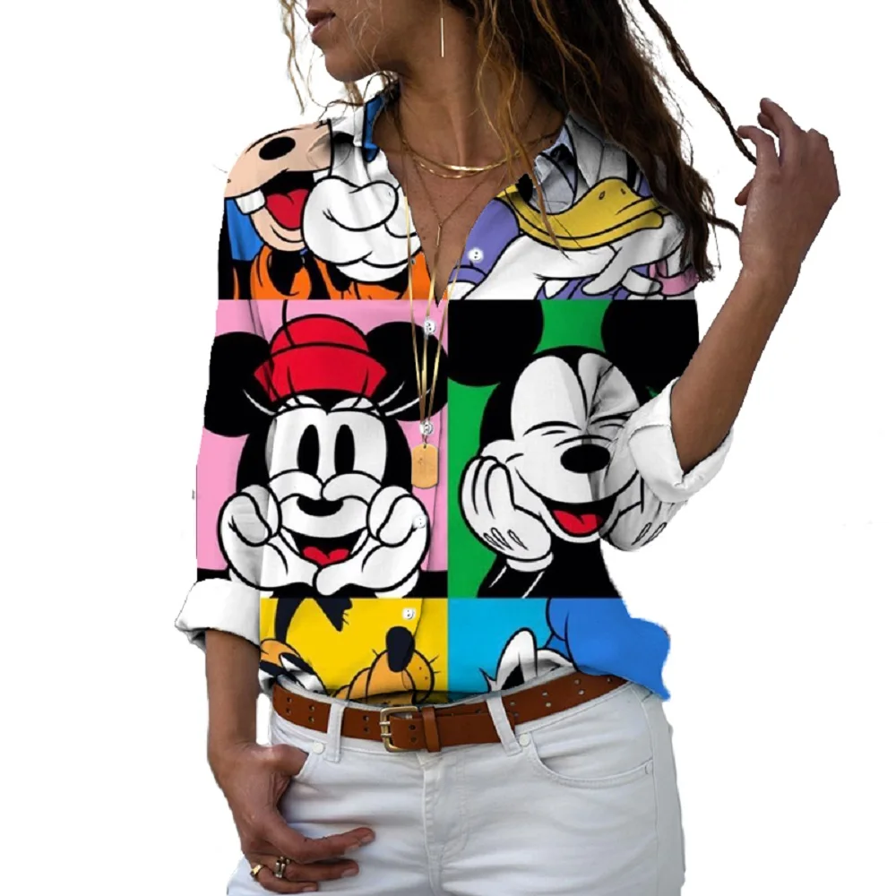 Disney Fashionable Street Women Long Sleeve Shirt Autumn Harajuku Style Single Breasted Lapel Mickey Minnie Casual Cute Shirt