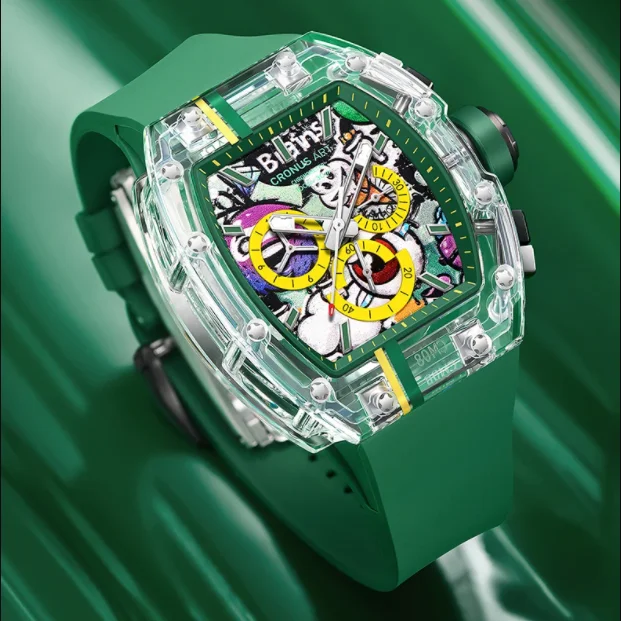 CRONUSART Men Chronograph Watch 550mm*42mm Tonneau Mechanical Wristwatch Sapphire Case Luminous Fluororubber Strap