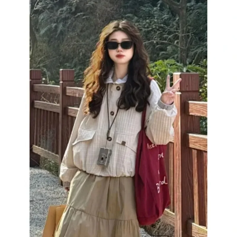 Women Korean Lazy Style Color Block Short Spring Casual Loose Pocket Outerwear For Petite Ladies