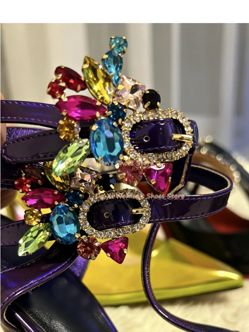 Luxury Colorful Rhinestone Flower Decor Women Sandals Royal Blue Patent Leather Platform T‑Strap Buckle Stiletto High Heels