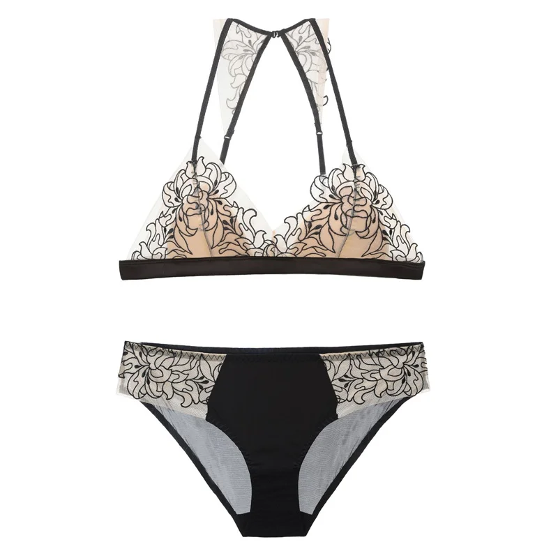 French Underwear Wire Free Triangle Cup Bra Panties Set Sexy Pure Beauty Back Ladies Brassiere