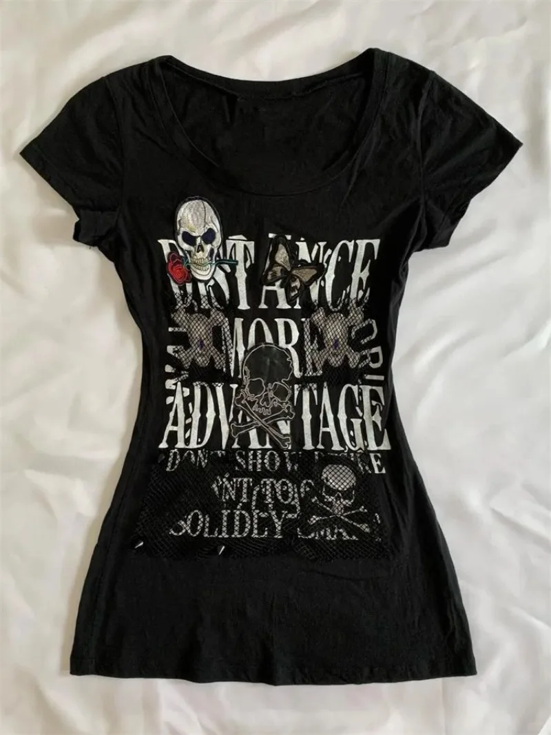 

gothic clothes T-shirt Y2K aesthetic Women's short sleeve tee Punk Goth clothing Skull Print Vintage summer tops tee shirt femme