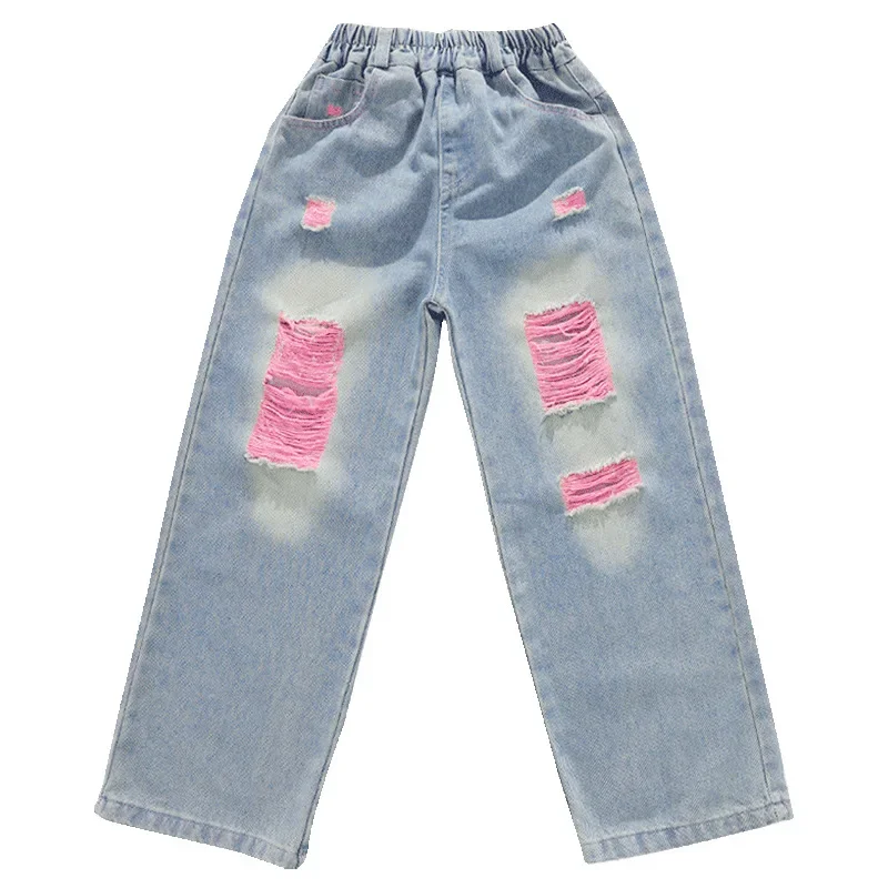 Mädchen K-pop Sets Süße Crop Top Rosa Jeans Hip Hop Kleidung Kinder Jazz Zerrissene Denim Hosen Kinder Streetwear Street Dance kostüm