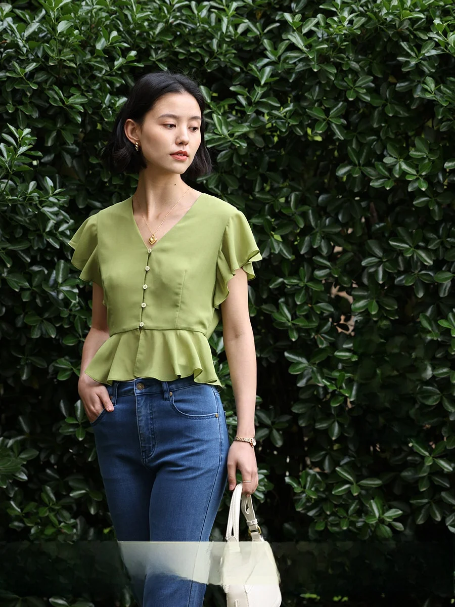 

HeyDr Винтажный женский топ с V-образным вырезом, летний, с эффектом утяжки талии, романтичный, плиссированный, из шифона, для повседневной носки, короткий рукав