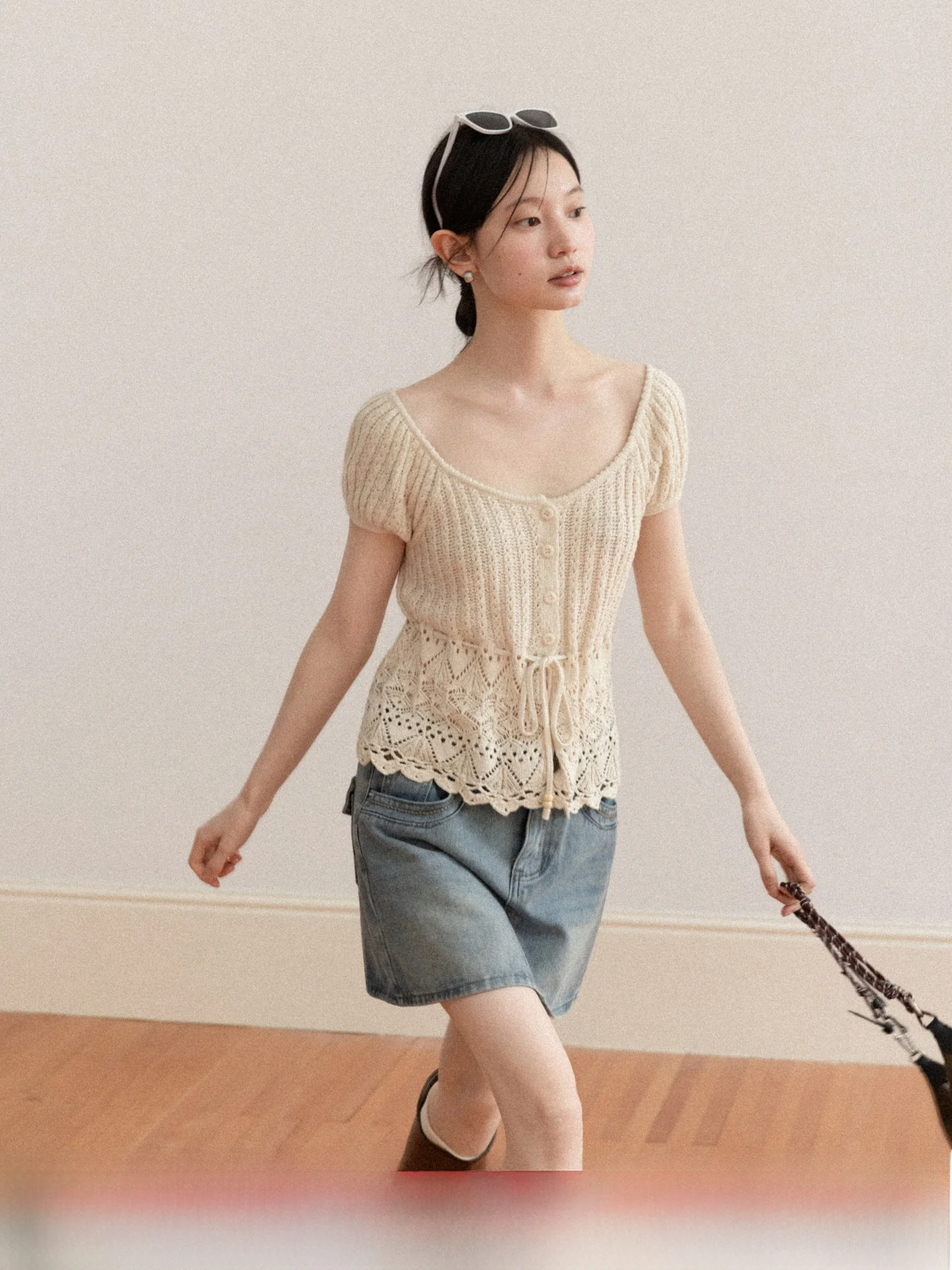 

Slim Fit Short Sleeve Knitted Top Women's Summer Fashion Casual Style Hollow out Square Collar Breathable Soft Cotton Blend
