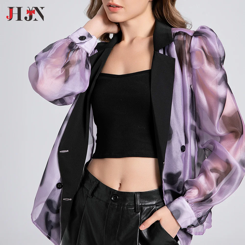 New Fashion Vintage Printing Elegant Shirts Women POLO Collar Puff Sleeve Button Lace Patchwork Pullovers Tops 2025 JHJN