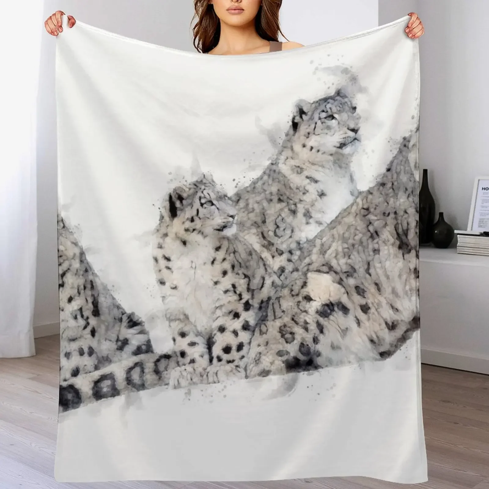 Snow leopard Watercolour Artwork Throw Blanket Flannel Fleece Soft Warm Throw Blanket