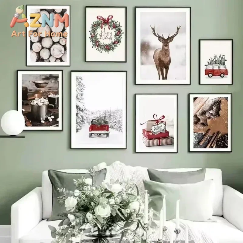 AZNM Rustic Winter Christmas Canvas Wall Art, Snow Deer Red Truck Wreath Hot Cocoa Print, Neutral Farmhouse Holiday Poster, Unfr